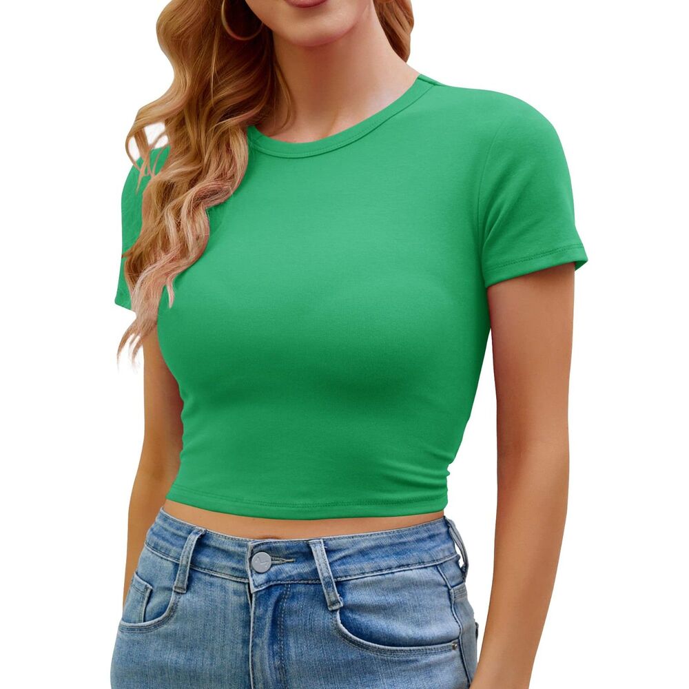 Crewneck Short Sleeve Slim Fitted Casual Crop Top, Large, 11H-191T003